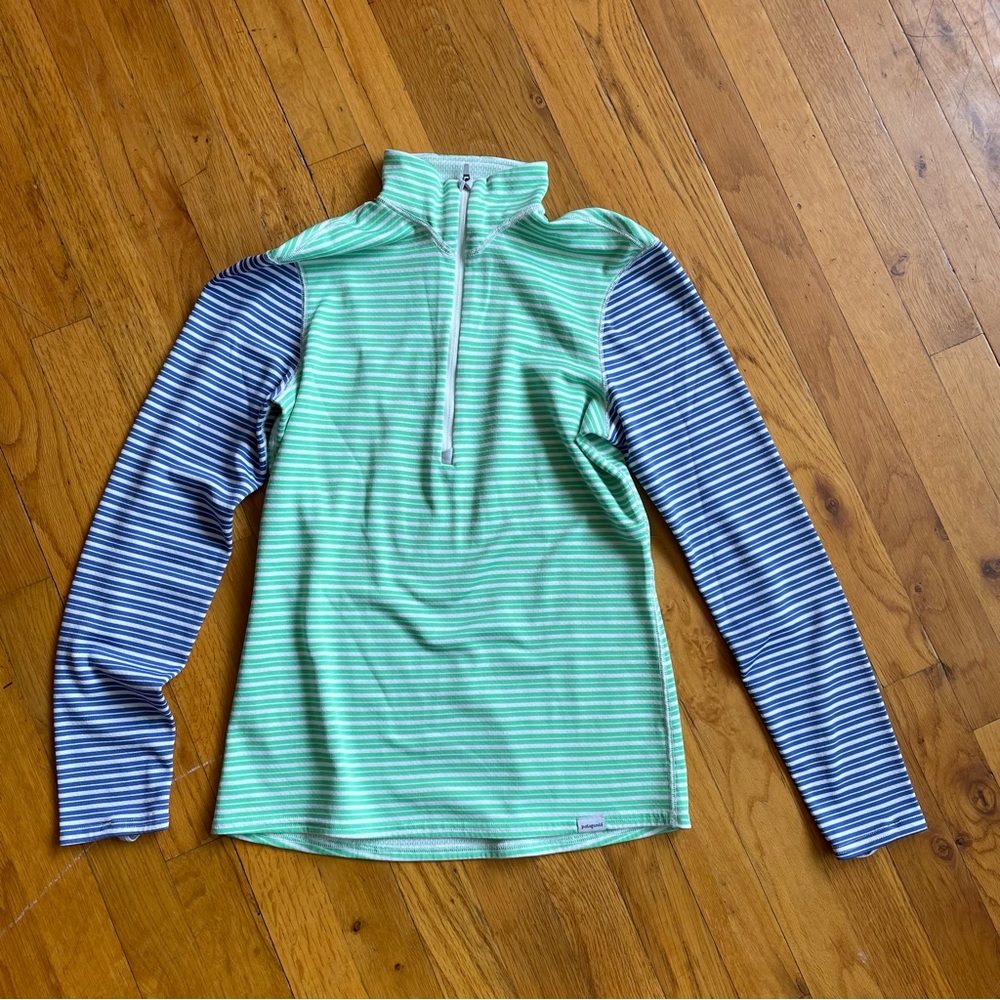 Patagonia Blue & Green Striped Quarter Zip Capilene Base Layer